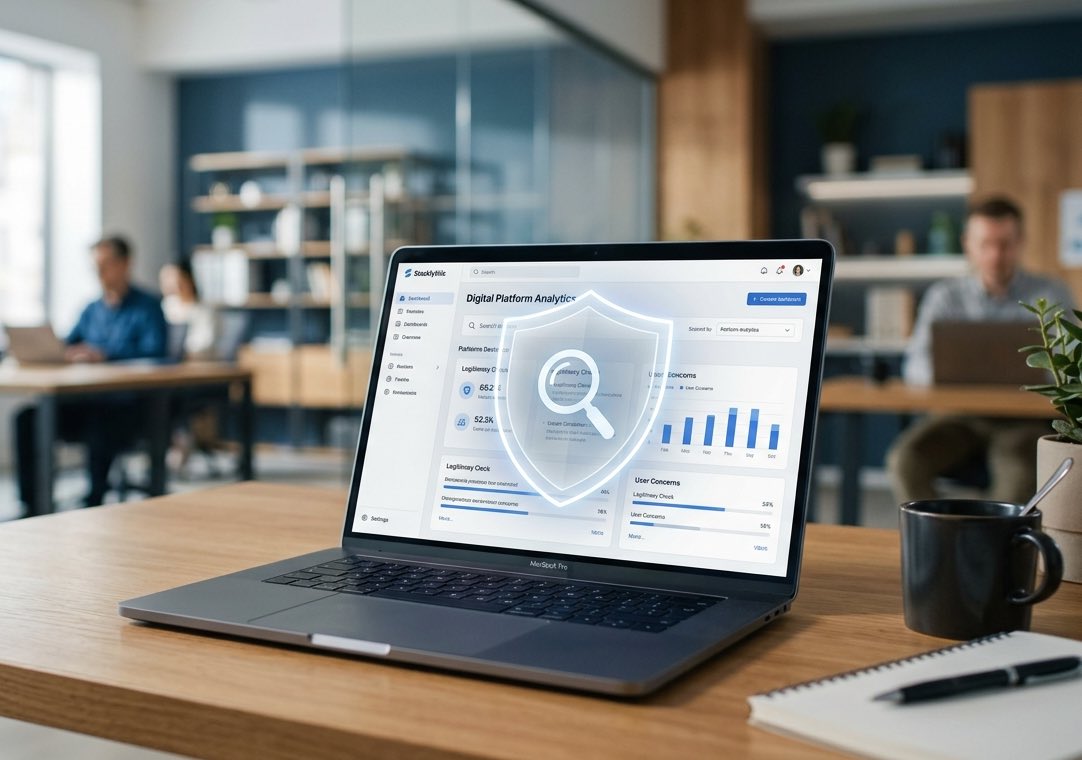 An open laptop displaying a tech platform interface, illustrating a professional review and analysis of public concerns surrounding Stacklythic.